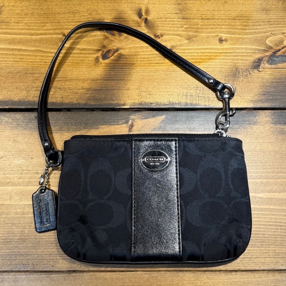 Coach Signature Jacquard Wristlet Pouch Bag Black Monogram Canvas Leather Trim